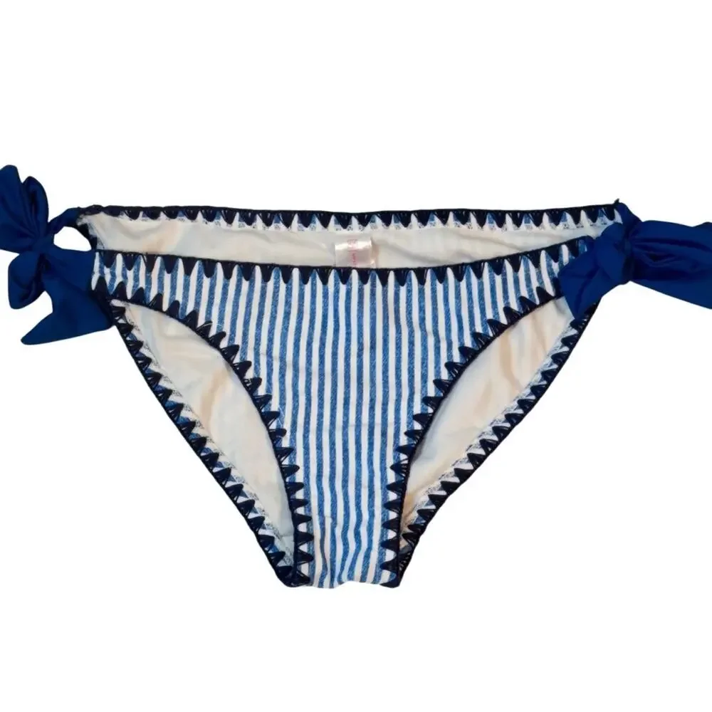 No Boundaries Denim Stripe Bikini Set Blanket Stitch in Blue Small Medium
